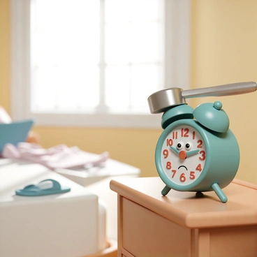 A colorful alarm clock, featuring a bright green body and large red numbers, is placed on a wooden nightstand. A large metallic hammer, raised high, is about to strike the clock. The room is softly lit with morning sunlight streaming in through a nearby window, casting gentle shadows. In the background, crumpled blankets are seen on an unmade bed, and a pair of slippers lies on the floor. A humorous expression is visible on the alarm clock's face, with exaggerated eyes and a frown, adding to the comical atmosphere of the scene.