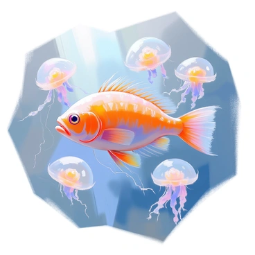 A sunfish with a large, flat body swimming effortlessly through water. The sunfish is surrounded by a swarm of translucent jellyfish, their bell-shaped bodies gently pulsing as they float. The jellyfish have long, flowing tentacles that trail behind them, creating a mesmerizing effect in the water. Soft beams of light penetrate the surface, illuminating the scene and highlighting the colors of the jellyfish. The sunfish glides smoothly, its fins moving rhythmically as it navigates through the delicate creatures.