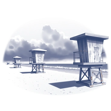 A desolate beach scene featuring empty lifeguard towers positioned strategically along the shoreline. The towers are weathered, with peeling paint and rusted metal parts, indicating years of neglect. The sand is smooth and unmarked, stretching far along the coast. Dark clouds gather ominously in the sky, creating a sense of foreboding. The waves crash gently against the shore, and the distant horizon is obscured by the thickening clouds above. The overall atmosphere conveys an abandoned, eerie feeling.