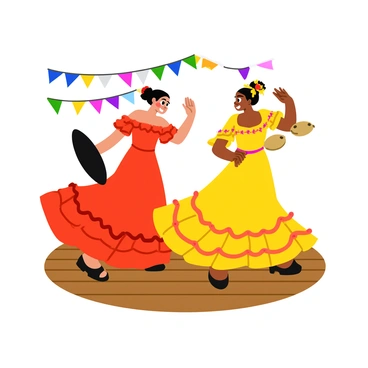 Two flamenco dancers in vibrant traditional costumes are performing passionately on a wooden stage. The first dancer has a flowing red dress with ruffles, holding a large black fan in one hand, while the other dancer wears a bright yellow dress adorned with floral patterns and is playing castanets in a rhythmic motion. Their expressions are filled with intensity and emotion as they engage in a dance filled with movement. The background features colorful decorations, enhancing the lively atmosphere of the performance.
