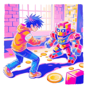 "Scott Pilgrim" is in an action pose, his body slightly crouched with one arm extended forward and the other pulled back, ready to strike. He has spiky, messy hair and is wearing a red hoodie, a graphic t-shirt, and denim jeans. His eyes are focused and determined. Facing him is a pixelated video game enemy, characterized by blocky features and bright colors. The enemy is in a defensive stance, with exaggerated, pixelated limbs and a fierce expression. The background is filled with pixelated obstacles like bricks and coins, enhancing the video game theme.