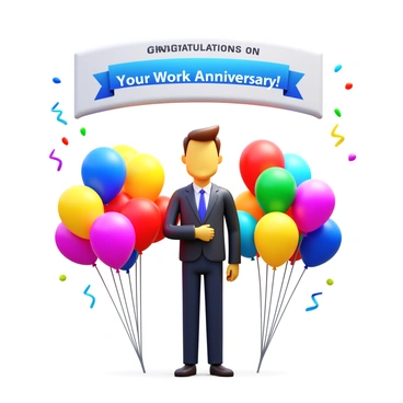 An employee standing beside a colorful arrangement of balloons in various shapes and sizes. The employee is smiling and wearing business attire. Above them is a "Congratulations on Your Work Anniversary!" banner, prominently displayed. The setting includes a festive atmosphere with decorations, such as streamers, adding to the celebratory mood.