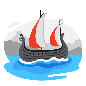 A traditional Viking longship with a dragon-shaped prow is sailing through misty seas. The ship has a dark wooden hull, with intricate carvings along the sides. Billowing red and white sails are raised high, catching the wind. The prow is prominently shaped like a dragon head, with fierce eyes and a detailed snout. Thick mist covers the water, partially obscuring the ship's wake, while faint silhouettes of distant rocky shores emerge from the fog. The sky is overcast, with muted colors blending into the misty atmosphere.