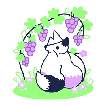 A fox with a bushy tail and vibrant fur is sitting on its haunches, gazing wistfully at clusters of plump grapes hanging from a vine. The grapes are suspended from a thick green vine, glistening with dew. The fox's ears are perked up, and its eyes are wide as it looks up at the grapes. Surrounding the vine, there are lush green leaves that provide a backdrop, framing the scene. The ground beneath the fox is soft with grass, and a few wildflowers can be seen nearby, adding to the natural setting.