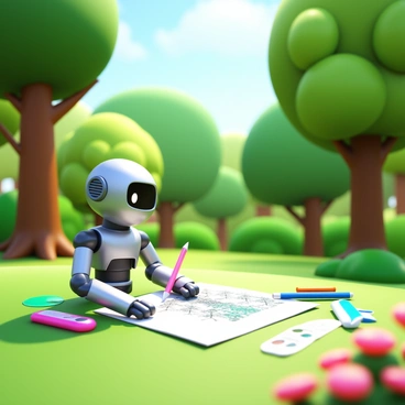 A small robot with a metallic body and articulated limbs is using a pencil to sketch trees on a piece of paper. The robot is situated in a park filled with lush greenery and various types of trees, including tall oaks and flowering cherry trees. Sunlight filters through the leaves, casting gentle shadows on the ground. The robot's focused expression is evident as it pays attention to the details of the trees it is drawing. Various art supplies are scattered around the robot, adding to the scene.