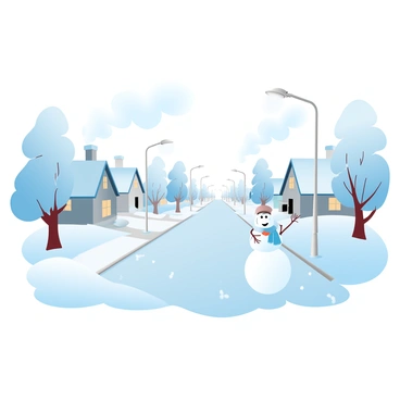A quiet suburban street is covered in a thick layer of fresh snow, creating a soft, white blanket over the ground. Snow-covered houses line the street, with smoke gently rising from chimneys, indicating warmth indoors. Streetlights cast a warm glow on the pristine snow, illuminating the scene with a gentle light. Snow-laden trees stand tall along the sidewalk, their branches bending slightly under the weight of the snow. Footprints can be seen leading down the street, breaking the smooth surface of the snow. A few parked cars are also dusted with snow, showcasing the winter's touch. A large snowman, complete with a scarf and a carrot for its nose, stands proudly on a front yard, bringing a touch of cheer to the serene landscape.