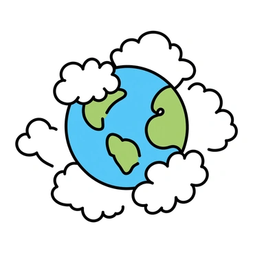 A circular formation of fluffy clouds, softly glowing with a white hue, encircling a blue and green representation of Earth. The Earth is depicted with detailed continents and swirling white clouds. The fluffy clouds create a gentle frame around the planet, emphasizing its beauty and tranquility.