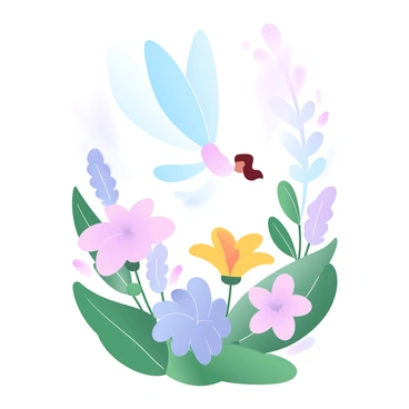 A fairy with delicate wings is gracefully hovering above a vibrant flower in a lush garden. The fairy's wings are translucent and shimmer in various pastel colors. Surrounding the fairy are an assortment of blooming flowers in shades of pink, lavender, and yellow, alongside verdant green leaves. The background features a soft blur of additional plants, creating a sense of depth. The scene is illustrated on a 10x15 board, capturing the enchanting atmosphere of the garden.