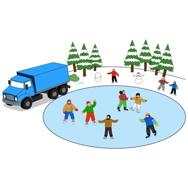 A large blue truck parked beside a frozen pond. The truck has a shiny exterior and is positioned on a slight incline. Next to the truck, there are several ice skaters on the pond, joyfully gliding across the smooth ice. The skaters are wearing colorful winter clothing, including red scarves, green mittens, and blue jackets. Some skaters are holding hands while others are practicing spins. In the background, there are snow-covered trees surrounding the pond, and a few children are building a snowman nearby. The sky is clear and bright, signaling a cheerful winter day.