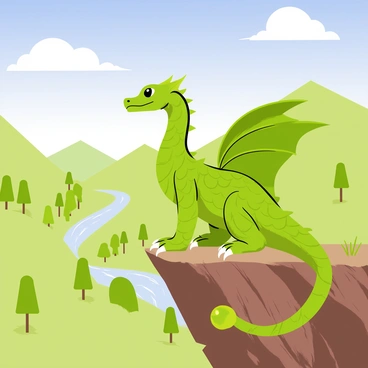 A majestic dragon with emerald green scales is perched on a rugged cliff's edge. The dragon has large, intricately patterned wings folded against its body, and its sharp golden eyes are gazing out over a lush green valley below. In the background, a clear blue sky stretches overhead, while fluffy white clouds drift lazily. The valley features a winding river that sparkles in the sunlight, surrounded by trees of various shades of green. Small rocks and tufts of grass are visible on the cliff, adding texture to the scene.