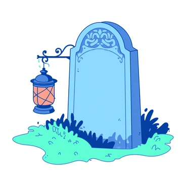 A blue gravestone is standing tall among soft green grass. It has intricate carvings on its surface, depicting floral designs. Next to the gravestone, there is an old-fashioned lantern hanging from a wrought iron post. The lantern is glowing gently, casting a warm orange light that softly highlights the details of the gravestone. The scene is serene, with a light mist hovering close to the ground, adding to the atmosphere of quiet reflection.
