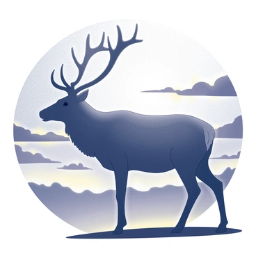 A silhouette of an elk standing majestically. The elk is positioned with its head held high, showcasing its large antlers. The background features a vast sky transitioning from dark to light, filled with the shapes of clouds. The sky is depicted in vibrant hues, suggesting the presence of a sunset. The elk's body blends into the darkening tones of the horizon, enhancing its prominent shape against the backdrop.