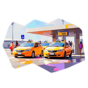 A row of yellow taxis is positioned neatly at an airport taxi stand, each vehicle waiting for arriving passengers. The taxis have their meters visible on the dashboard, and the airport terminal can be seen in the background, with travelers walking towards the taxis. The scene conveys an organized atmosphere, with clear signage indicating the taxi stand area. Sunlight bathes the scene, illuminating the taxis and creating shadows on the pavement.