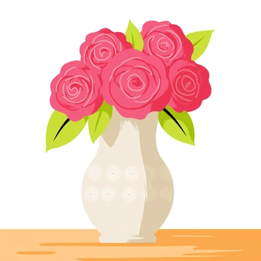 A classic ceramic vase with intricate floral patterns sits on a wooden table. The vase is filled to the brim with fresh red roses, their vibrant petals contrasting against the white ceramic. The table's surface shows the natural wood grain, providing a warm backdrop to the vase and flowers. Soft green leaves emerge from among the roses, adding depth to the arrangement. Sunlight gently illuminates the scene, creating subtle highlights on the vase and the roses.