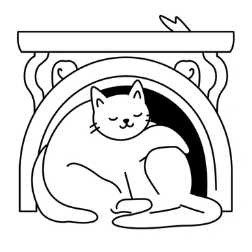 A cat curled up in a relaxed position, sleeping soundly. Its fur is fluffy and its whiskers are slightly curled. The cat is positioned beside an ornate antique fireplace made of intricately carved wood. The fireplace features detailed designs with a vintage look, showcasing its age. Soft, flowing lines depict the warm comfort of the scene, with the cat's content expression highlighting its peaceful slumber.