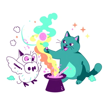 A teal cat named Mog with a mischievous grin is playfully pulling a colorful magic trick on a white owl named Meg, who looks surprised. Mog is casting a spell that creates swirling orange sparkles around them, while Meg is holding a wand that emits vibrant pink light. The background is filled with whimsical magical elements, such as floating stars and small clouds of shimmering dust. The scene captures the playful interaction between the two characters, highlighting their friendship and magical abilities.