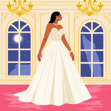 A woman wearing a glamorous ball gown with intricate beading and a flowing skirt stands gracefully in a grand, ornate ballroom. The ballroom features high ceilings adorned with golden chandeliers, and the walls are decorated with lavish moldings. Elegant patterns in the wooden floor reflect the shimmering lights from the chandeliers above. Large windows draped with rich curtains show a view of a moonlit night outside. The woman's gown contrasts beautifully with the opulent surroundings, creating a scene of elegance and sophistication.