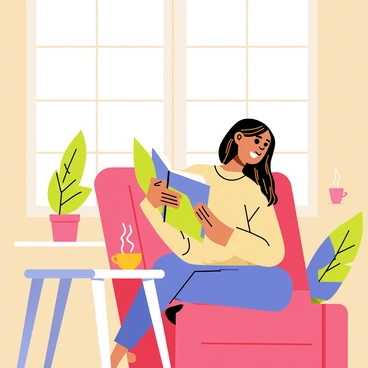 Marie is sitting in a plush armchair by a large window. She has long, flowing brown hair that cascades over her shoulders. She is wearing a cozy, oversized sweater. The book in her hands has a colorful cover, and she is deeply engrossed in its pages. A steaming cup of tea rests on a small table beside her, with wisps of steam rising into the air. Sunlight filters through the window, casting a warm glow around the scene, while a few indoor plants are visible in the background, adding a touch of greenery.