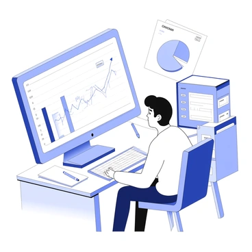 A researcher is seated at a desk, focused on analyzing data on a computer. The screen displays multiple graphs and charts related to GDP, showcasing trends and statistics. The researcher has a thoughtful expression, with notes and a pen scattered around the workspace. A large chart dominates the screen, illustrating a line graph with fluctuating values. Beside it, a pie chart represents different sectors contributing to GDP, with labeled segments. The room is filled with books and papers, reflecting a busy research environment.