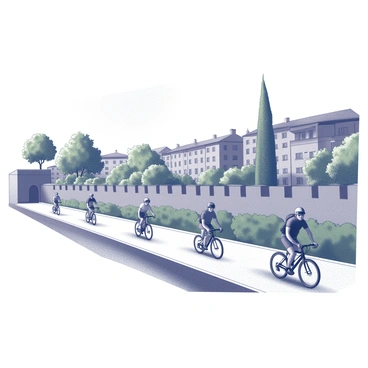 A group of cyclists riding their bicycles along the ancient city walls of Lucca. The cyclists wear casual clothing and helmets while pedaling at a relaxed pace. The city walls, made of stone, are tall and imposing, with lush greenery growing along the edges. Trees provide shade along the path, and the sky above is clear. In the background, the historic buildings of Lucca can be seen, featuring terracotta roofs and brick facades. The atmosphere suggests a peaceful day of exploration and enjoyment.