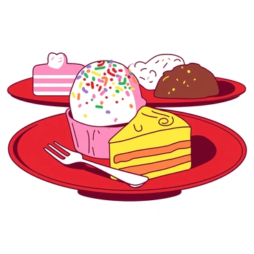 A close-up view of a vibrant red plate featuring a variety of Jollibee's famous desserts. There is a scoop of creamy ice cream topped with colorful sprinkles, positioned next to a slice of moist cake with a glossy yellow frosting. The cake has a decorative pattern and is accompanied by a small silver fork resting on the plate. In the background, additional desserts are subtly blurred, creating a tempting display of sweet treats.