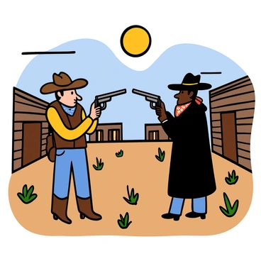 A cowboy with light skin and a wide-brimmed hat stands confidently in a dusty old western town. He is wearing a classic brown leather vest, blue denim jeans, and riding boots. Across from him, an outlaw with dark skin and a bandana around his neck stares intently, wearing a long black coat and spurred boots. The sun is directly overhead, casting sharp shadows on the ground. The scene is filled with wooden buildings, tumbleweeds rolling by, and a clear blue sky. Both figures have their hands poised near their holstered guns, ready for a standoff.