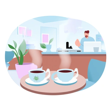 A cozy coffee shop interior with wooden furniture and comfortable seating arrangements. A small table holds two steaming cups of coffee, with a plant in a ceramic pot nearby. On the table, a friendly bug, resembling a light green beetle, is perched near one of the cups, appearing to engage in the conversation. The walls are decorated with colorful artwork, and soft lighting creates a warm atmosphere. A barista behind the counter is preparing drinks, adding to the lively ambiance.