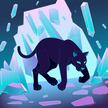 A sleek black panther with piercing green eyes is cautiously exploring the shimmering interior of a crystal cave. The walls of the cave are adorned with large, multifaceted crystals that reflect light in a spectrum of colors, casting a vibrant glow around the panther. The ground is uneven and scattered with smaller stones that mirror the crystals' brilliance. The panther's muscular body moves gracefully, blending into the shimmering environment as it investigates the captivating formations, with the light creating a dynamic interplay of shadows and colors around it.