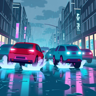 Cars with their headlights on driving through a city street on a rainy day