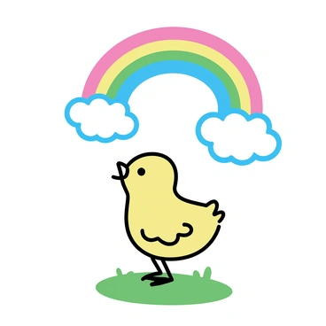 A chick looking in awe at a glowing rainbow arching across the sky