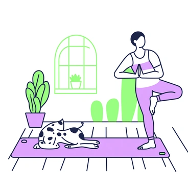A dalmatian is lying on a yoga mat next to a person who is doing a yoga pose. The person has their right leg extended behind them while their left arm is raised overhead, creating a flowing line that mirrors the dog's position. The dalmatian is positioned with its front legs stretched forward, mimicking the pose of the person, presenting its unique spotted pattern. The mat is laid out on a wooden floor, and there are a few potted plants in the background adding to the setting. A light source from a nearby window creates a natural and inviting atmosphere.