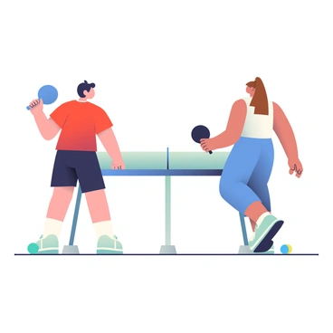 Two players are standing by a table tennis table, preparing for a match. One player, with short black hair, is dressed in a red sports jersey and black shorts, holding a blue paddle in their right hand. The other player, with long brown hair tied back, is wearing a white tank top and blue athletic pants, gripping a black paddle. Both players are engaged in light warm-up exercises, with the first player practicing their swings, while the second player performs footwork drills. The table tennis table is positioned in the center, and there are a few table tennis balls scattered around them.