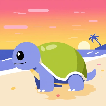 A Squirtle standing on a sandy beach with its shell slightly glistening. The silhouette of the Squirtle is outlined against a vibrant sunset sky filled with shades of orange, pink, and purple. The beach is dotted with small seashells and gentle waves lapping at the shore. In the distance, a few palm trees are swaying gently in the breeze, enhancing the tropical atmosphere. The sun is low on the horizon, casting a warm glow across the scene.