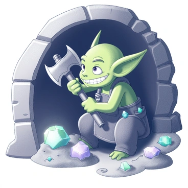 A small goblin with green skin is hunched over, using a pickaxe to dig into the earth of a dark tunnel. The miner has pointy ears and a wide grin, showcasing a sense of determination. Surrounding him are small piles of dirt and several sparkling gems partially embedded in the tunnel walls. The tunnel is narrow, with rough, uneven stone surfaces and shadows cast by the miner’s movement. The goblin is wearing a simple leather apron with pockets, filled with various tools and smaller gemstones.