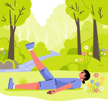 A dense forest with tall green trees creating a natural canopy overhead. Sunlight filters through the leaves, casting dappled shadows on the ground. A person lying on their side on a soft patch of grass is doing side-lying leg raises. They have a focused expression, and their body is positioned in a straight line while lifting one leg upward. Surrounding them are vibrant wildflowers in various colors, adding to the natural beauty of the setting. A small stream can be seen in the background, with the gentle sound of flowing water enhancing the peaceful atmosphere.