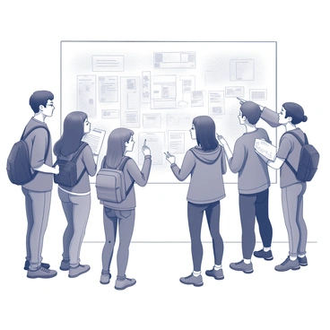 A group of enthusiastic students gathered around a large wall in a school environment. They are actively discussing and sketching ideas for a mural design. Some students are holding sketchpads and pencils, while others are pointing at specific sections of the wall to outline their concepts. The wall space appears to be covered with initial sketches and notes, showcasing a variety of creative elements and themes. The atmosphere is filled with energy as they collaborate, each contributing their unique perspective to the mural project.