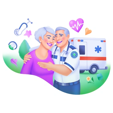 A modern pastel illustration depicting a heartwarming scene of a reunion. In the foreground, a cardiac arrest survivor, a middle-aged individual with a relieved expression, embraces their savior, a paramedic wearing a uniform. Their smiles are bright, conveying joy and gratitude. Surrounding them are small elements like a stethoscope, an ambulance in the background, and a heart symbol to represent the significance of the event. The setting is a sunny park, with trees and flowers adding a vibrant touch to the scene.
