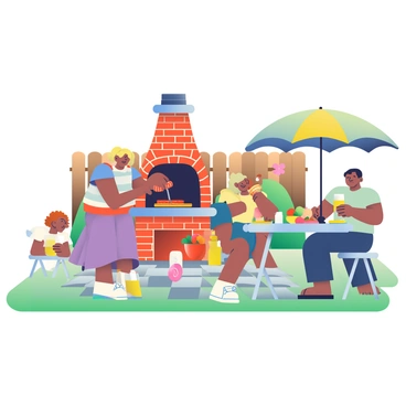 A backyard scene with a brick barbecue grill and family gathering