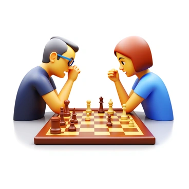 Two players engaged in a tense chess match, both with furrowed brows showing concentration. One player, a middle-aged man with glasses, is leaning forward, examining the chessboard intently. The other player, a young woman with short hair, sits upright, her hand poised over a piece as she contemplates her next move. The chessboard is set in the center, filled with intricately designed wooden pieces, some in strategic positions. Soft lighting casts shadows that enhance the atmosphere of the intense competition.