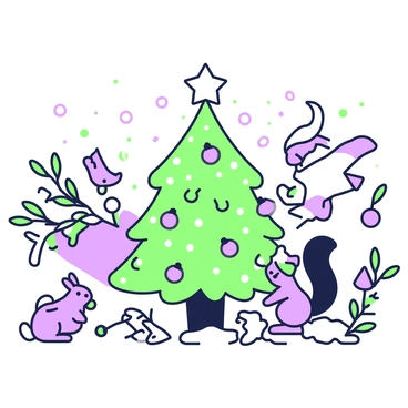 A Christmas ball taking place in a forest clearing. In the center, there is a beautifully decorated Christmas tree with twinkling lights and colorful ornaments. Surrounding the tree, a group of forest animals is gathered. A squirrel with a bushy tail is perched on a low branch, while a rabbit with soft fur is sitting on the ground, nibbling on a piece of carrot. Nearby, a deer with elegant antlers watches the scene, and a couple of birds are perched on the tree branches, singing. Snowflakes are gently falling from the sky, covering the ground with a soft layer of white.