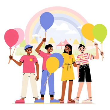 A group of four children of diverse backgrounds, each holding vibrant, oversized balloons in various colors such as red, blue, yellow, and green. The children are smiling and wearing colorful festival attire, with one child wearing a bright red shirt, another in a yellow dress, and the others in striped and polka-dotted outfits. In the background, a lively festival scene unfolds with colorful tents and decorations. Above, a large, bright rainbow stretches across a clear blue sky, adding to the festive atmosphere.