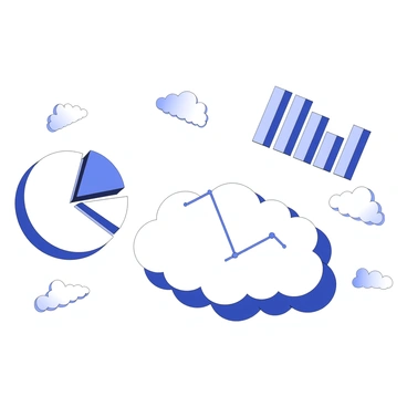 A scene featuring clouds in the sky, shaped like various statistical visualizations. One cloud resembles a pie chart, with segmented sections clearly outlined. Another cloud takes the form of a bar graph, with vertical bars of different heights. A third cloud appears as a line graph, showcasing upward and downward trends. The overall composition includes multiple clouds, each distinctly representing different types of data visualizations against a vast expanse of sky.