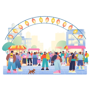 Colorful festival lights in various hues of orange, blue, and yellow are hanging in a parabolic arc across a bustling street. Below the lights, a crowd of diverse people is enjoying the lively atmosphere. Some individuals are holding balloons while others carry bags from nearby stalls. Street vendors are selling food from brightly colored carts, and a small dog is playfully weaving through the legs of the crowd. In the background, buildings are lit up with warm lights, creating a festive ambiance. The street is paved with cobblestones, adding to the charm of the scene.
