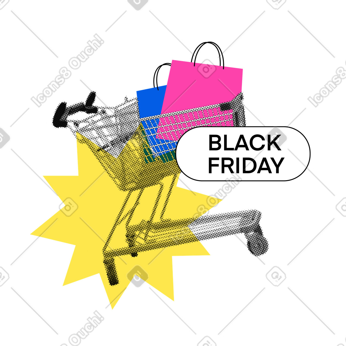 Black friday sale with shopping cart illustration in PNG, SVG