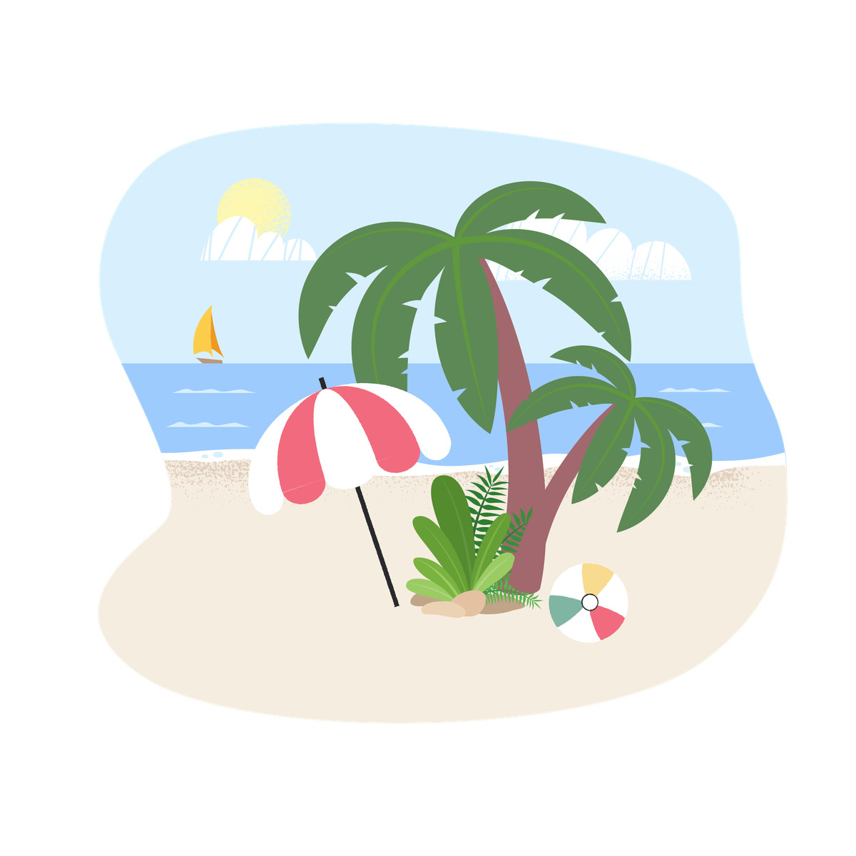 Beach ball, umbrella, and palm trees on tropical shore illustration in Fogg style download in PNG, SVG