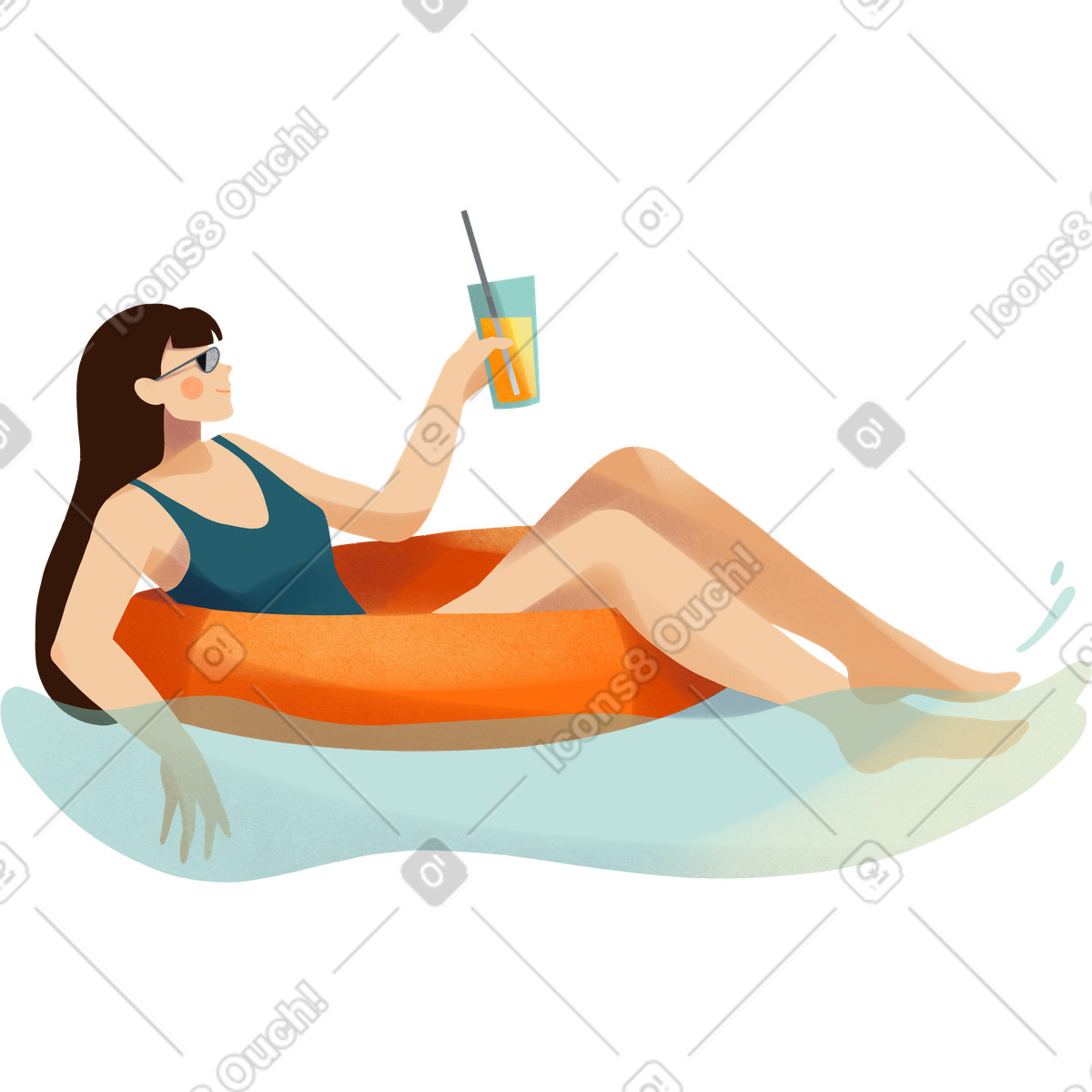 Young woman chilling in the sea water on inflatable ring illustration Shine style download PNG, SVG