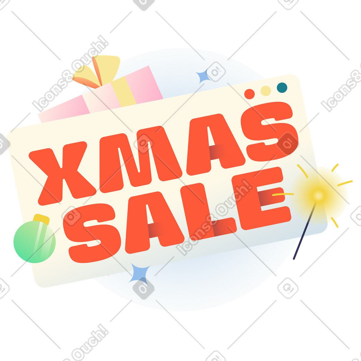 Lettering Xmas Sale with gift and sparklers text illustration in Beam style download in PNG, SVG