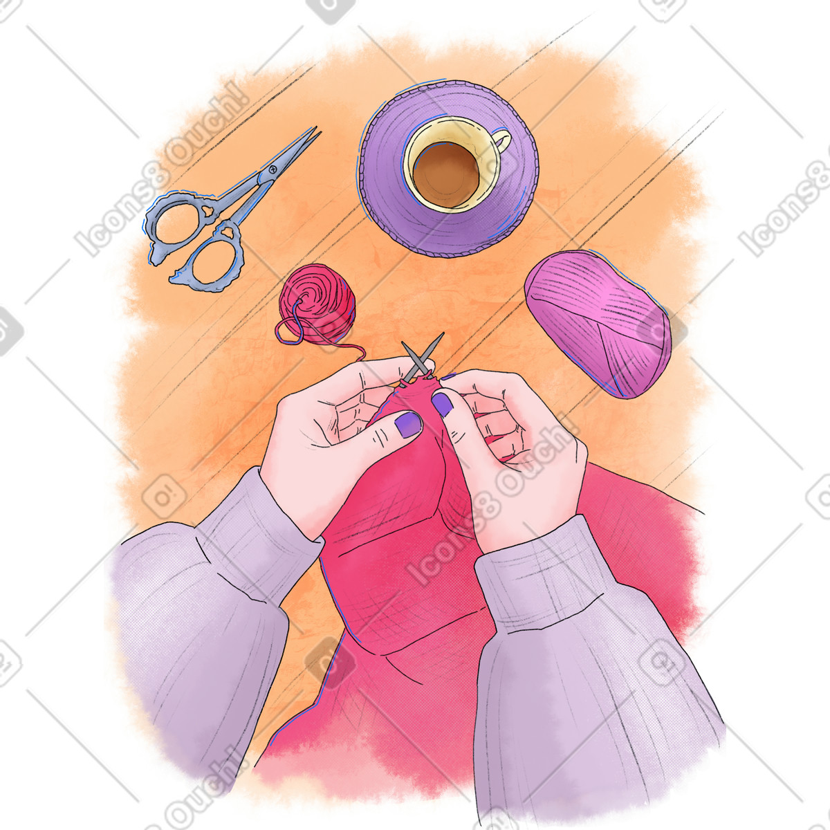 下载 Moments 风格的 Woman knitting pink sweater 插画，支持 PNG、SVG 格式