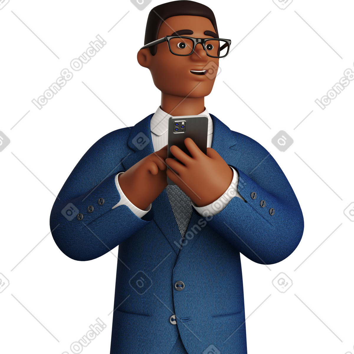 Illustration Black businessman in blue suit with phone looking aside dans le style 3D Business à télécharger aux formats PNG, SVG