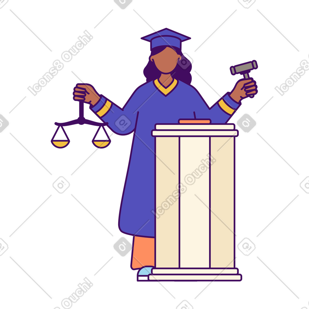 Simplistic スタイルの テミスの秤と小槌を持って裁判官席に立つ裁判官 のイラストをPNG、SVG形式でダウンロード
